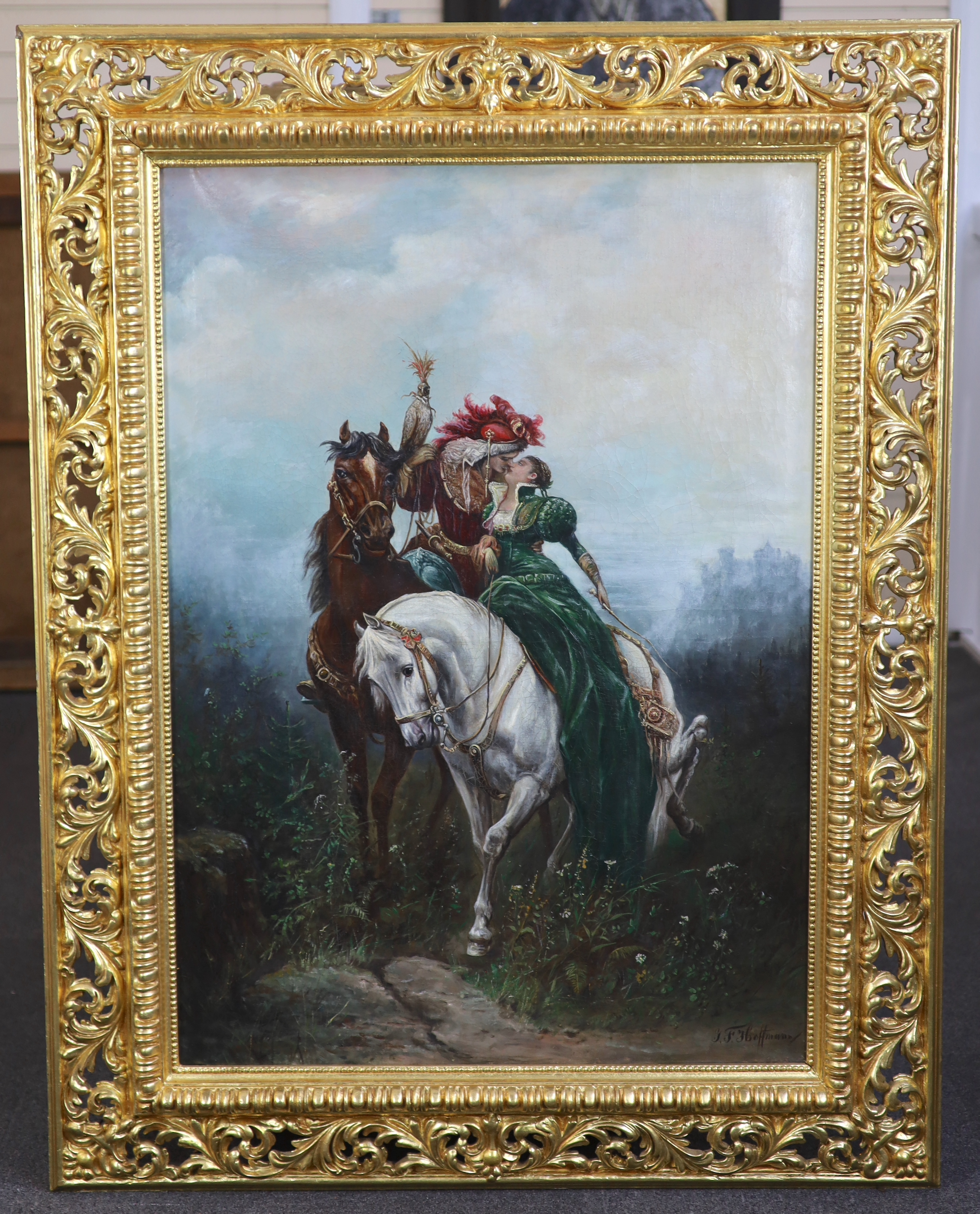 J.F. Hoffmann (German/Austrian 19th century), 'The Rendez-vous', oil on canvas, 103 x 73cm, Please note this lot attracts an additional import tax of 5% on the hammer price